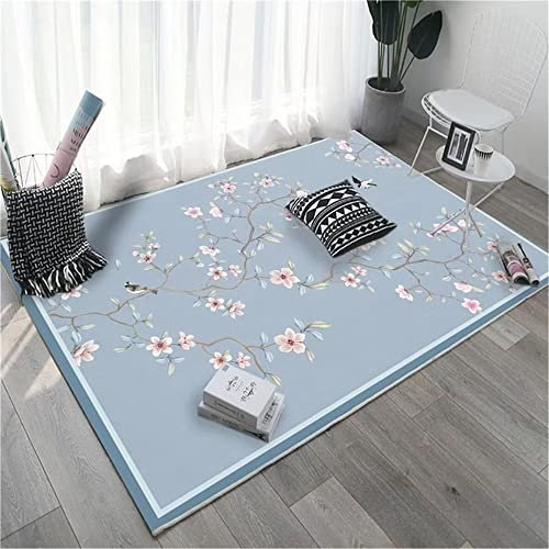 Xiaosua Teppich Kinderzimmer Mädchen Baby Teppich Zimmer Teppich Hellblaue Pflanzen Blumen Retro-Muster Teppich Arbeits Zimmer Kann Gewaschen Werden 180X280Cm Teppich Jugendzimmer Blau