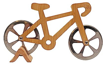 Winkee - Fahrrad Pizza Schneider | Der coole Pizzaschneider für Fahrrad begeisterte | Pizzaroller aus Edelstahl & Holz | Schneideroller Radl-Look| Geschenk für Radlfahrer zu Weihnachten, Geburtstag