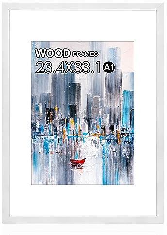 HOHIYO A1 Poster Frame,23.4x33.1in Soild Wood White Picture Frames With Polished Acrylic Glass Easy To Hang,A1 Picture Frame A1 Frame With A2 Mount For Wall Mounting Horizontally And Vertically