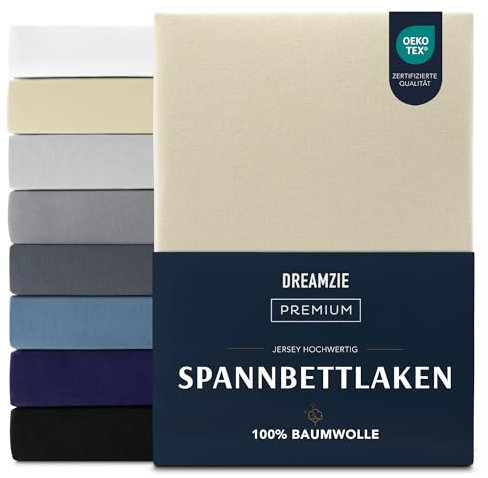 Dreamzie Premium Spannbettlaken 70x200 cm, Spannbetttuch für Dicke Matratzen bis zu 12 cm, Bettlaken 100% Jersey Baumwolle, 150 g/m², Oeko-TEX Zertifiziert - Beige