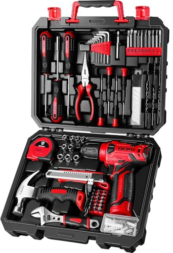 DEKOPRO Drill Set: Tool Set with 8V Red Cordless Drill, Home Tool Kit with Drill, Hand Tool Kits for Women 126 Piece