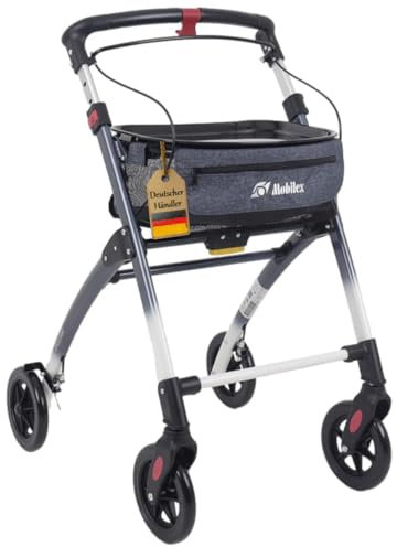 FabaCare Indoor Rollator Jaguar, schmal mit Tablett, Leichtgewicht Wohnungsrollator faltbar, Heimrollator, bis 100 kg, Blaugrau/Weiß