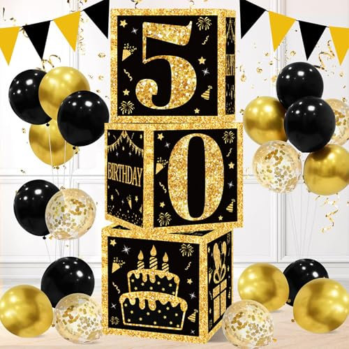 Scatole Decorative Per Il 50° Compleanno Di Uomo Donna, 3pezzi Oro Nero Scatole Per Palloncini 50 Anni Compleanno, Regalo 50 Anni Addobbi Compleano Da Festa, Decorazione Festa Oro Nero Per 50th
