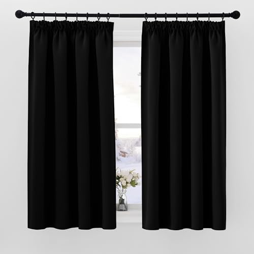 PONY DANCE Blackout Pencil Pleat Curtains, Black, W46 x L63 Inch, 2 Panels | Thermal Insulated Curtains with Noise Reducing & Privacy, Luxury Soft Window Treatment for Bedroom & Living Room