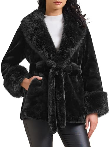 Allegra K Abrigo de Piel Sintética para Mujer Chaqueta de Invierno con Solapa Peluda Cálida y Esponjosa con Bolsillos Negro M
