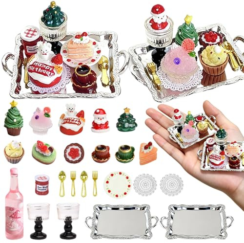 BQLYblink Set de 24 Nourritures Miniatures de Noël 1/12, Accessoires pour Maison de Poupée, Mini Bonbons et Boissons avec Père Noël, Sapin et Vaisselle, Décorations de Noël, Idée Cadeau Originale