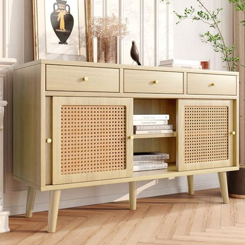Sideboard 120 Breit, Kommode mit Schubladen und Schiebetüren, Anrichte mit Rattan-Fronten, Wohnzimmerschrank aus Holz, Wohnzimmer, Esszimmer, Landhausstil, Naturfarbe, 120x40x78cm (120x40x78cm)