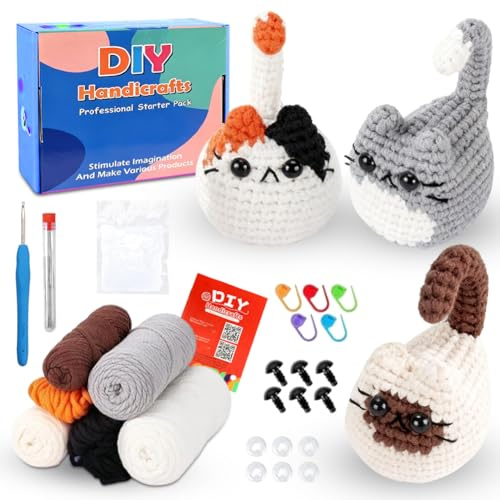 Set all'uncinetto per principianti con istruzioni video – Set completo crochet per 3 simpatici gatti | semplice kit all'uncinetto e set a maglia per personaggi di animali
