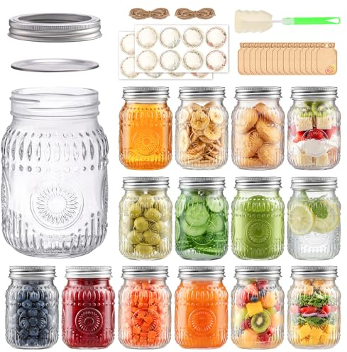 16oz Glass Mason Jars with Embossed Pattern, 15-Pack Pint Canning Jars with Airtight Lids for Fermenting,Overnight Oats,Pickling,Preserving,Ideal for Centerpieces,DIY Crafts,or Wedding Favors