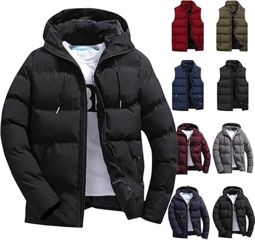 black jacket,Winter Jackets for Men UK Lightweight Puffer Jacket Mens Coat hoody Zip up Loose Cotton Padded Packable Down Quilted Jackets Puffy Top Blouse for Snow Ski Hiking Warm Cozy,Black,M