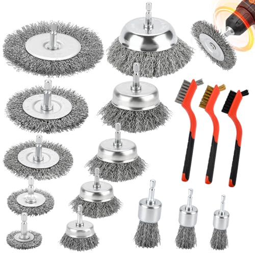BBWELL Spazzole per Trapano,Spazzole Metalliche per Trapano,Filo di Acciaio Ondulato,19 Pezzi, Set di Spazzole per Ruote e Tazze,Set di Spazzole per La Rimozione di Ruggine,Corrosione
