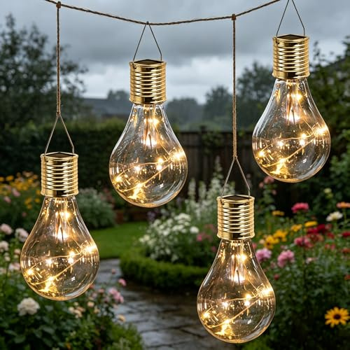 Lampadine Solari Sospese da Esterno Led,4 Pezzi Lampadine a Energia Solare,Lampadina Solare Luci Esterne,Lampade Sospese,Lampade da Giardino,per Feste,Terrazzo,Balcone,Matrimonio