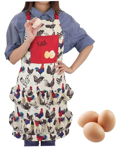 CGTQROVR Egg Apron for Collecting Eggs Multi-Pocket 24x20 Inch Egg Apron for Kids Chicken Pattern Neck Hanging Fabric Collecting with Back Tie for Farmhouse