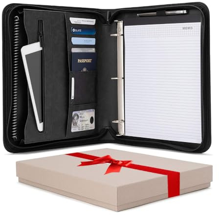 Forevermore Portfolios Padfolio Binder - Professional Faux Leather Travel Organizer Pouch for Tablet, Documents, Presentation Folders, Zipper Closure, Removable 3-Ring Notepad - Black