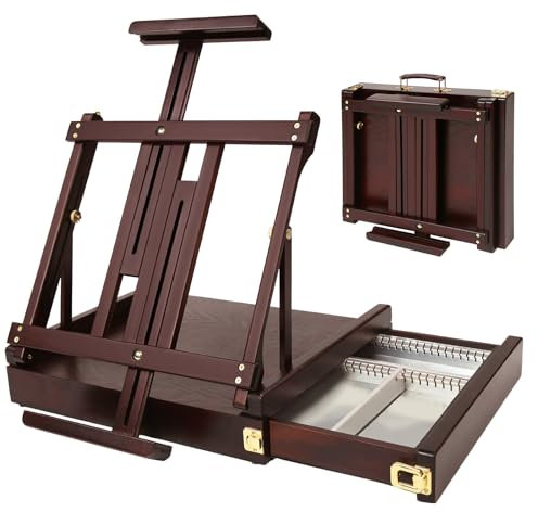 MEEDEN Studio Sketchbox Tisch Staffelei mit Metallfutter Schublade - Verstellbare Buchenholz Künstler Staffelei mit Aufbewahrung, Hält Max 34, Walnuss-Finish