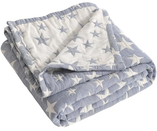 NTBAY 3 Layer Oversized Muslin Cotton Toddler Blanket, 45x60 Inches Jacquard Reversible Nursery Bed Blanket, Super Soft and Thermal Crib Blanket for All Seasons, Baby Gift, 45x60, Blue/White Star