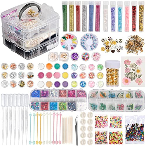 EFUTURETIME® Kit de 260 Accesorios de Resina Epoxi Manualidades, con Copos de Pan de Oro, Purpurina, Lentejuelas, Flores Secas, Pinzas para la Decoración de Resina y Nail Art