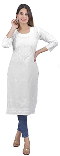 Vrnda Women's White Chikankari Cotton Straight Knee Length Kurta, X-Large