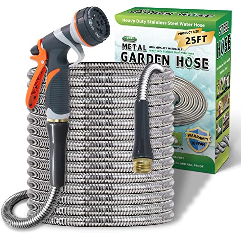 Lightweight Stainless Steel Garden Hose 25Ft – Kinkless Flexible Metal Water Hose - Thorn Proof Steel Hose with Solid Fittings for Garden, Outdoor Use (25ft)