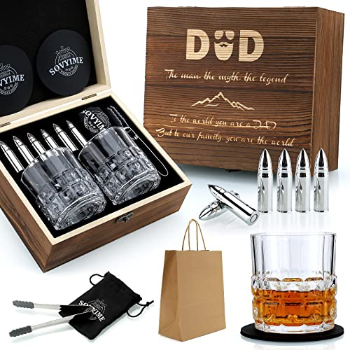 Bester Papa Whiskey Gläser Geschenkset - 2 Gläser, 6 Edelstahl Eiswürfel Whisky Steine - Für Geburtstag, Vatertag, Weihnachten