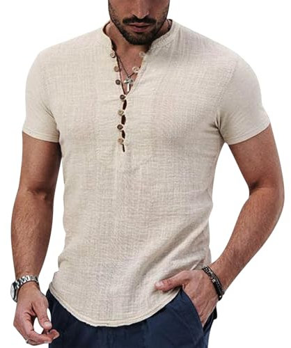 Puimentiua Leinenhemd Herren,Hemd Kurzarm,Sommer Kurzarmhemd,Regular Fit Sommerhemd mit Stehkragen und Knöpfen (Hellkhaki,M)