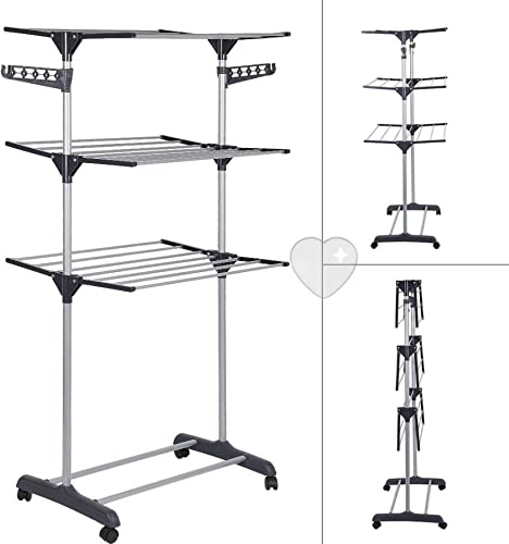 Tendedero de Ropa Plegable Vertical,Tendedero de Ropa Tipo Torre de Tres Estante Plegable con Cuatro Ruedas, Espacio de Secado, con Capacidad para 15 KG (72 * 56 * 152cm (Gris))