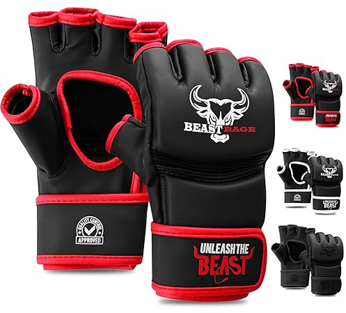 BEASTRAGE MMA Guantes para Hombres y Mujeres, Artes Marciales Mitones Grappling Sparring, Palma ventilada, Cuero Vegano, Cage Fighting, Muay Thai, Kick Boxing (2XL, Rojo)