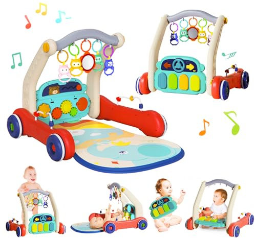 Baby Spielmatte mit Klavier und Lichtern - Baby Spieldecke mit Spielbogen abnehmbarem Babyspielzeug, Lauflernwagen 2 in 1, Pädagogisches Spielzeug für Baby Neugeborene 0-24 Monate