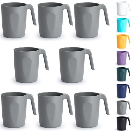 Berglander 8 x 450 ml grå plast kaffekoppsset, koppar med handtag, återanvändbar vattenkopp, lätt att bära, idealisk för hem, trädgård, picknick, camping