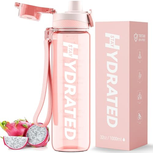 Mevoly Trinkflasche 1L, Wasserflasche BPA-Frei aus Tritan, 1 Liter Trinkflasche Sport Auslaufsicher mit Zeitmarkierung, Sportflasche für Fitnesss, Oudoor, Gym, Schule