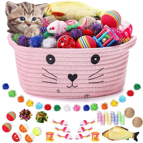 Zopeal 58 Pcs Easter Cat Storage Basket Gift Toys Set, Colorful Flashing Balls Pet Bell Crinkle Balls Spring Toys Attract Cat to Swat, Hunt, Interactive for Pet(Pink,9.8 Inch)