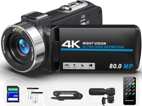 Videokamera 4K 80MP HD Camcorder für YouTube, 30FPS Webcam IR Nachtsicht Vlogging Kamera, 18X Digitalzoom 3,0 270°IPS Bildschirm Video Camera mit SD Karte, 2 Batterien, Fernbedienung, und Stabilisator