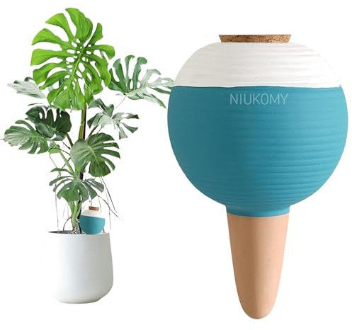 NIUKOMY Groß Automatische Bewässerungskugel Ton 450 ML, Wasserspender für Topfpflanzen, Tonkegel Terrakotta Pflanzen Bewässerung, Gießkegel mit Korken für Urlaub & Büro, Blau