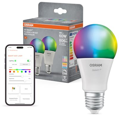 Osram SMART+ Birne mit Matter over Wifi, Vorteilspack mit 2 Stück, E27-Sockel, 9W, 16 Mio RGB-Farben, warmweiß-tageslichtweiß (2700-6500K), funktioniert mit Alexa, Google und Apple, 2er-Pack