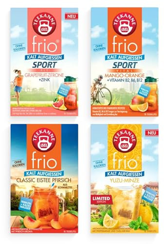 Teekanne Tee Frio 4er Mix – Kalter Tee mit Geschmack: Eistee Pfirsich, Mango-Orange, Yuzu-Minze & Grapefruit-Zitrone – Erfrischende Teebeutel zum kalt aufgießen - Low calorie Wasser mit Geschmack