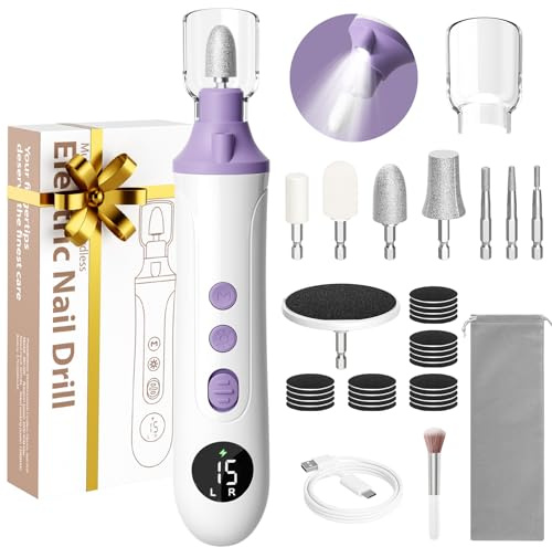 Professional Manicure Pedicure Kit, Cordless Electric Nail File with LCD & Lamp, Rechargeable Toenail Grinder for Thick Toenails, Portable Nail Dremel Tools for Women & Men Baby Pets