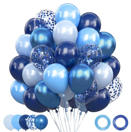 Palloncini Blu, 62 Pezzi Elio Palloncini Compleanno Blu Pastello Azzurri con Blu Metallici, Azzurri Navye Coriandoli, Addobbi Party per Decorazioni Compleanno Baby Shower Prima Comunione, 12 Pollici