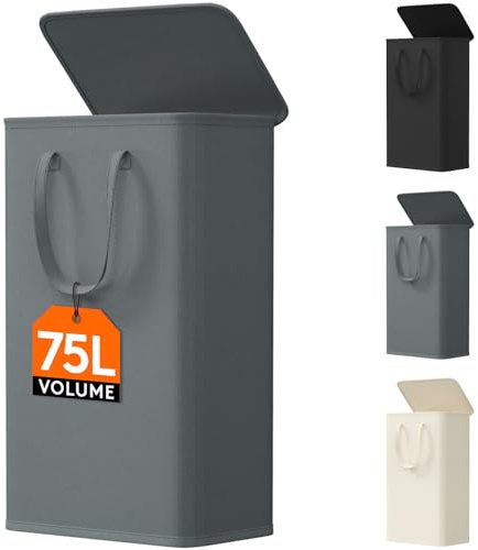 Lifewit Cesta Portabiancheria Salvaspazio con Coperchio, Cesto Biancheria Sporca Sottile con Manici, Portabiancheria Sporca Pieghevole per Camera da Letto, Bagno, Lavanderia, 75 L, Grigio