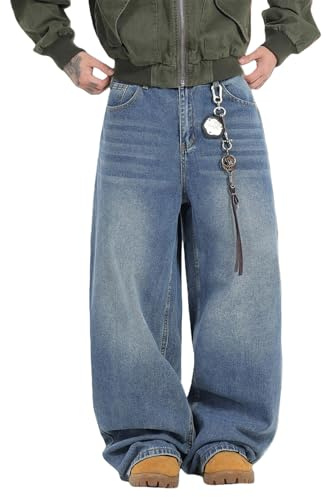 QGRSWBC Men's Baggy Jeans Loose Fit Denim Pants Mid Waist Trousers Wide Leg Skater Jeans Y2K Streetwear Blue L