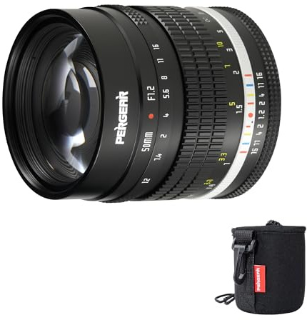 Pergear Obiettivo a messa a fuoco manuale F1.2 APS-C da 50 mm per fotocamera Sony E Mount, Luminous Edition F1.2, grande apertura focale equivalente 75 mm, sistema di apertura DeClick, design compatto