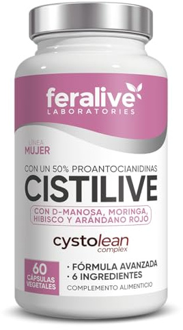 Feralive Laboratories Cistilive 60 Cápsulas – D-Manosa + Cystolean Complex: Extracto de Arándano Rojo con 50% Proantocianidinas + Hibisco, Moringa y Romero – Suplemento para Cuidado Urinario