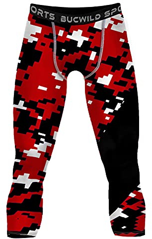 Bucwild Sports 3/4 Boys Youth Compression Pants Tights Leggings for Basketball Football Cycling Baselayer Red Camo Fits Waist 24-27
