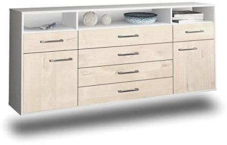 Lqliving Kommode Sideboard Bellevue, Korpus in Weiss matt, Front im Holz-Design Zeder (180x77x35cm), inkl. Metall Griffen, Wandmontage, Made in Germany