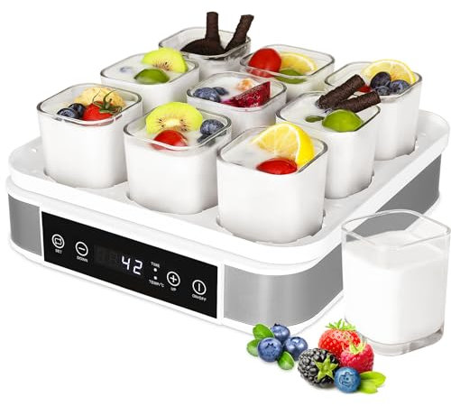 Yaourtière Électrique, Machine à Yaourt avec 9 Pots en Verre de 170ml, Yaourtière Pratique et Compacte, avec Minuterie, Thermostat Réglable et Écran LED, sans BPA, 40 W, pour des Desserts Maison Sains