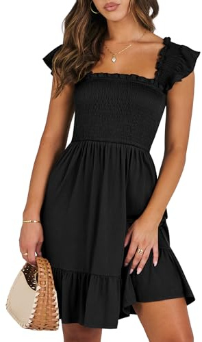 ANRABESS Women's Summer Casual Sleeveless Square Neck Dress 2025 Smocked Ruffle Backless Boho Beach Cute Teen Short Sundress Black Medium