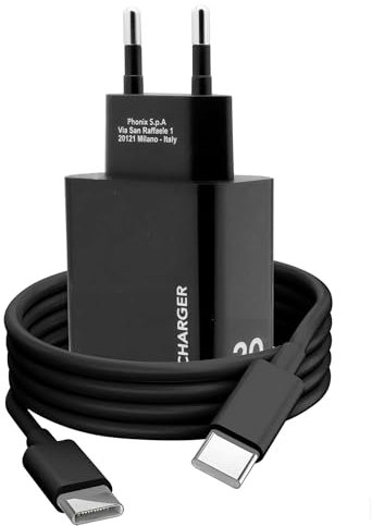 Caricatore USB C per Samsung Huawei Xiaomi e Smartphone Android 20W con Cavo Type C PHONIX Italia - Alimentatore Caricabatterie Ricarica Rapida e Cavo Tipo C 1m (Nero)