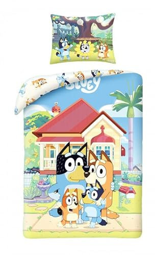 Halantex Bluey Juego de ropa de cama con funda de edredón reversible 140 x 200 cm y funda de almohada 70 x 90 cm, multicolor, 100 % algodón