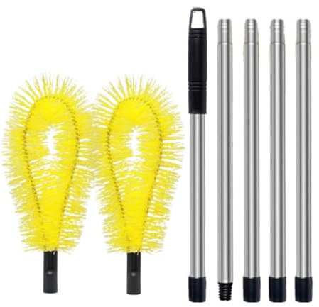 Cepillo de limpieza de canalones para techos, limpiador de canalones de techo desde el suelo con 2 cabezales de cepillo, limpiador telescópico de canalones con 5 extensiones, cepillo de canalones para