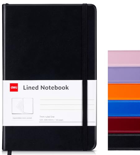 deli A5 Lined Journal Notebook, 160 Pages Hardcover Writing Notebook, 5.5x8.2 College Ruled Notebook for Office, School, Work Notes (Black)
