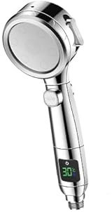 Hard Water Filter Shower Head with 4 Modes, Water Temperature Display, 15 Layers Filtration High Pressure Filtered Shower Heads with Holder and 1.5M Hose, for Residual Chlorine Remove, Silver